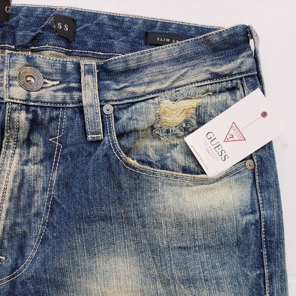New Men's sz 32 GUESS Slim Straight Distress Jeans - Picture 6 of 8